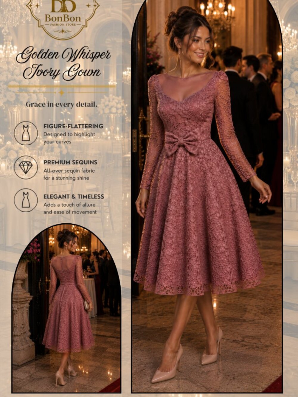 Dusty Rose Lace Midi Dress | Long Sleeve Wedding Guest Dress | Baby Shower Dress